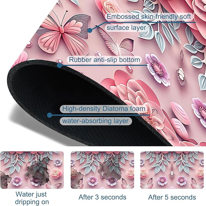 Pink Floral Sink Splash Guard Faucet Mat Flower Butterfly Super Absorbent Fast