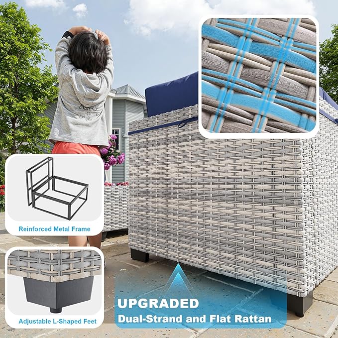 7-Piece Patio Furniture Set, Outdoor Sectional with Thick Cushions, Modular Patio Sofa, Dual-Strand Wicker Rattan, Rust-Resistant Frame, Backyard Furniture for Garden, Deck, Navy Blue