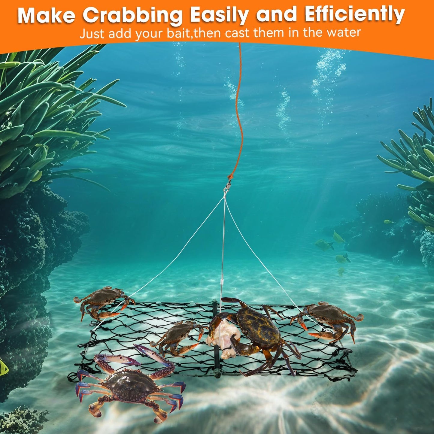 QualyQualy 2 Set Castable Crab Trap Kit, Foldable Crabbing Net with Rope & Bait Clip, Crab Snare/Pots/Traps for Blue Crabs, Dungeness, Crawfish Portable Crabbing Equipment