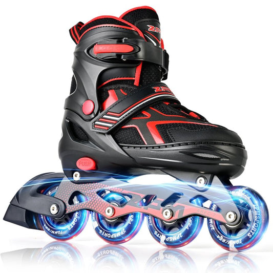 2PM SPORTS Inline Skates for Boys Kids Girls Ages 5-8 8-12 4-6 6-12 with Light Up Wheels, Adjustable Kids Roller Skates Blades for Adults Women Female Beginners Youths Red, Medium - Big Kid (1-4 US)