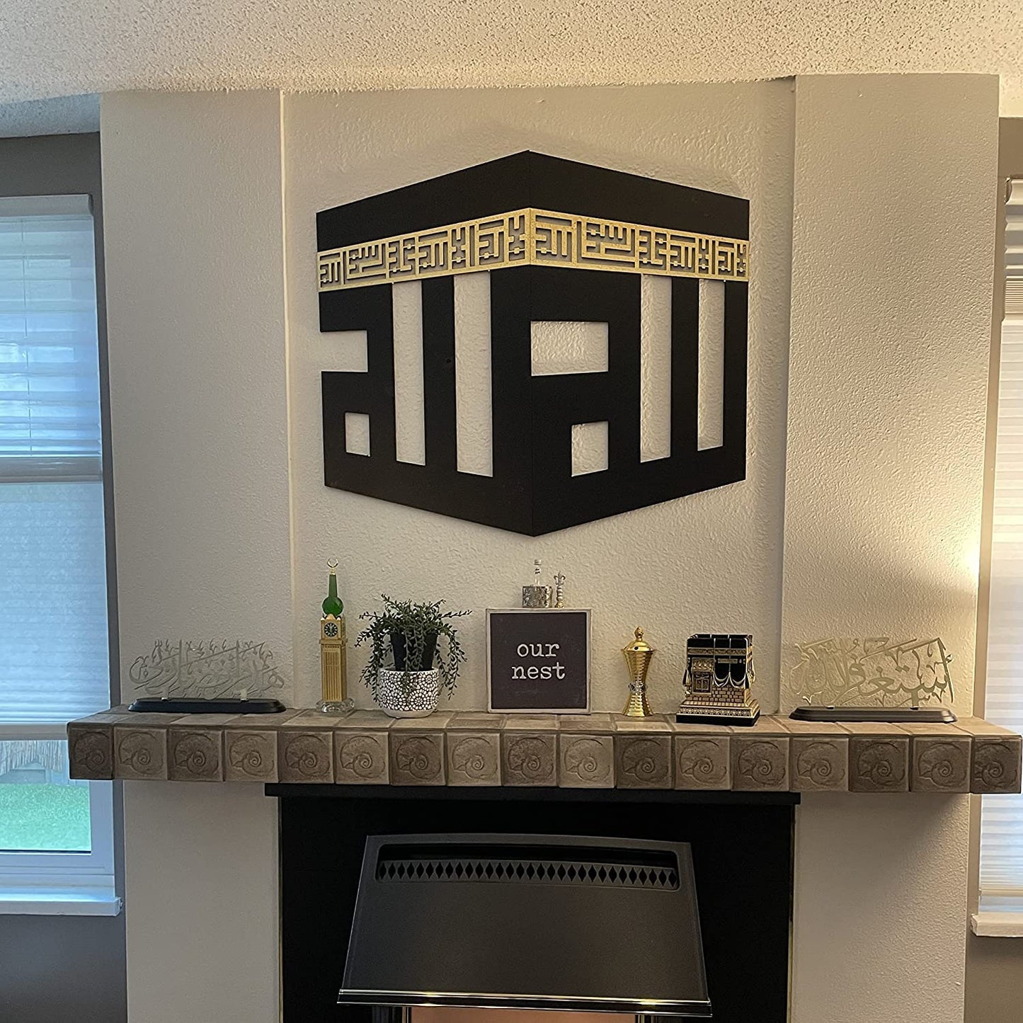 IWA CONCEPT Wooden Acrylic Kaaba Decor written First Kalima and ALLAH Name in Kufic Calligraphy | Islamic Ramadan Wall Decorations|La ilaha ill Allah Muhammadur-Rasul Allah (32'' x 28''|80 x 70 cm)