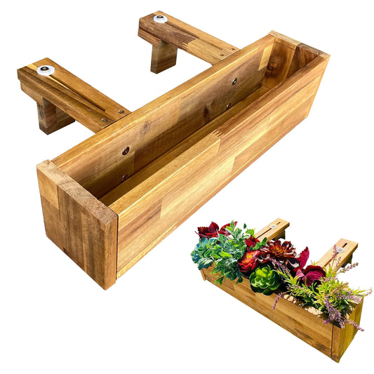Patio Wise Acacia Wood Railing Planter Box, Outdoor Hanging Flower, Plant, & Herb Boxes, 20-Inch Wide x 5-Inch Tall x 4.5-Inch Deep Rectangular Porch, Deck, & Balcony Planters, Teak Color