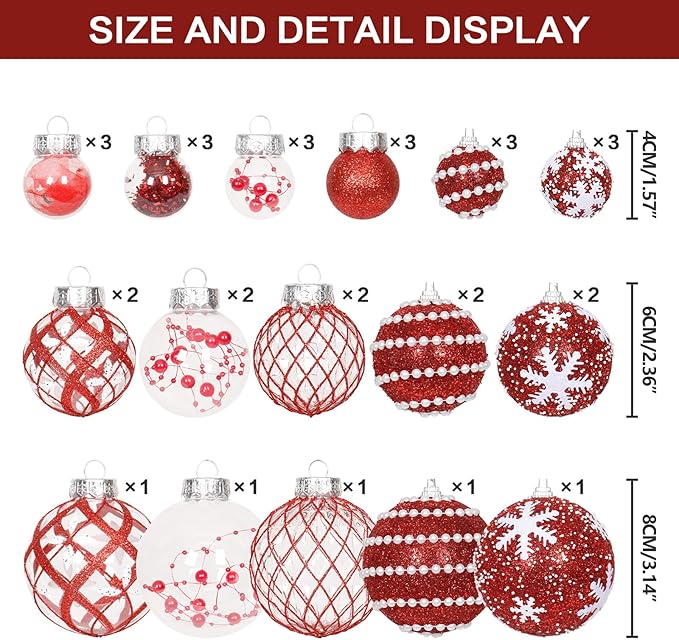 Super Holiday Christmas Ball Ornaments, 33PCS Red Clear Shatterproof Plastic Foam Ornaments Set for Hanging Xmas Tree Holiday Thanksgiving Party Decor.