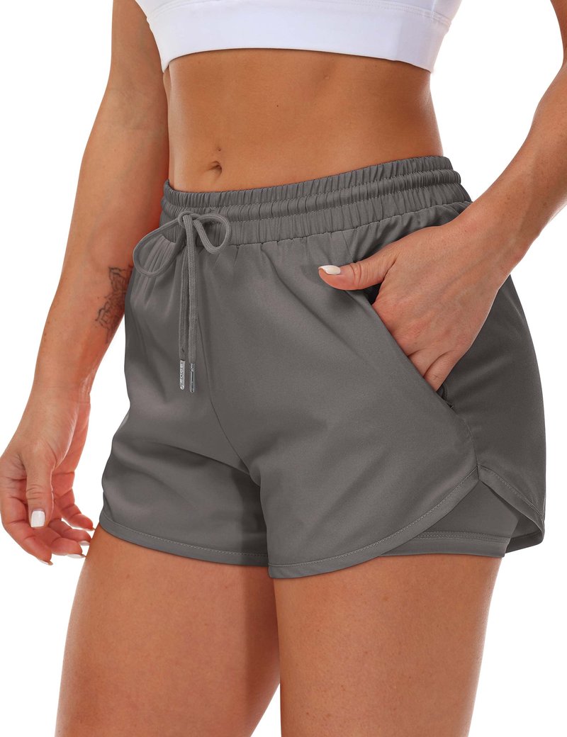 Mancreda Women's Running Shorts with Liner 3 Zipper Pockets Elastic Workout Athletic Gym Yoga Shorts(DGA,L)