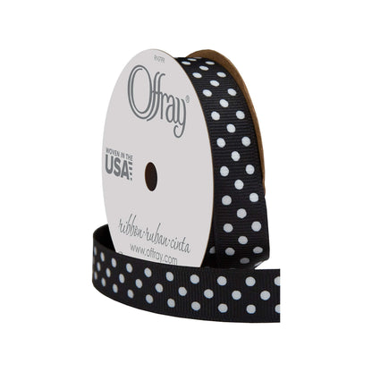 Offray 467992 5/8" Wide Grosgrain Ribbon, Black and White Polka Dot, 3 Yards