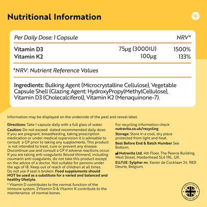Vitamin D3 3000iu & K2 100ug (MK7) – 120 Vitamin D3 K2 Vegetarian Capsules – Supports Normal Bones, Muscles, Teeth and Immune System – Cholecalciferol & Menaquinone-7 – Made by Nutravita