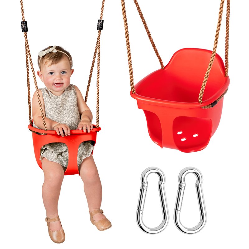 Acorn Adventures Toddler Swing Seat – Baby Bucket Swing for Outdoor Backyard & Porch, Adjustable Ropes, Easy Install, Weather-Resistant HDPE - Red