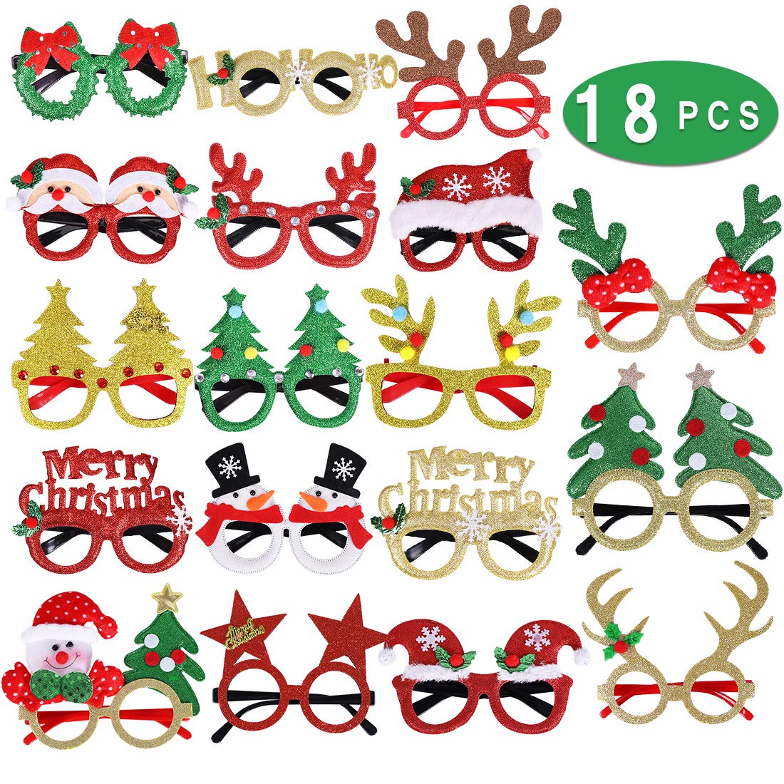 Max Fun 18Pcs Christmas Party Glasses Glitter Holiday Glasses Frames with 18 Designs Christmas Accessories for Christmas Party Favors Holiday Favors(One Size Fits All)