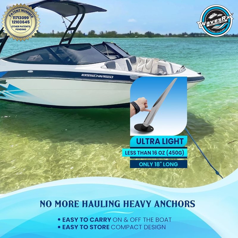WAVESRX Patented Aluminum Spike Beach Anchor | Ultra-Light PWC, Jet Ski & Sand Anchor for Boat, Pontoon & Kayak Secure Anchoring Near Shore, Sand-bar or in Shallow Water with Intelligent Design