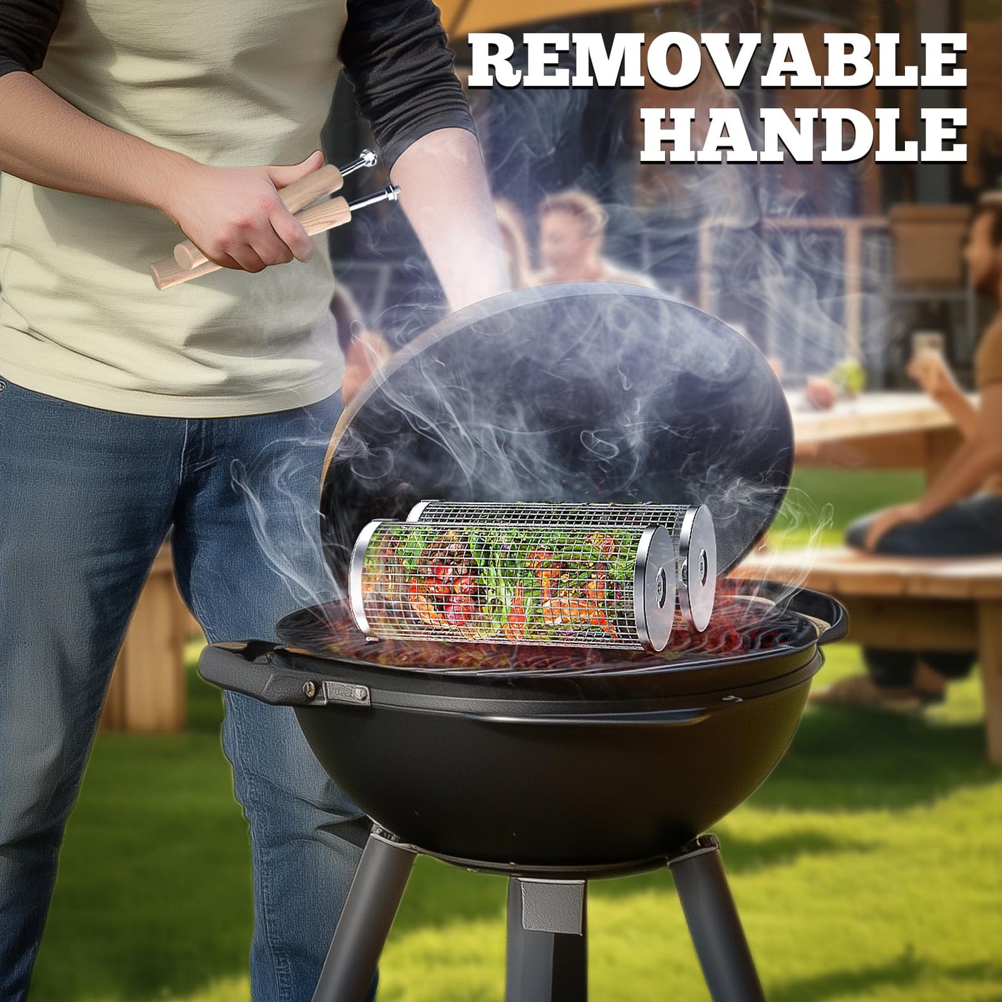 Rolling Grill Basket, Removable Wooden Handle, 304 Stainless Steel, Nesting Grilling Net, BBQ Accessories Tools for Vegetables Shrimp, Outdoor Cooking Camping, Birthday Gifts for Men Dad Husband