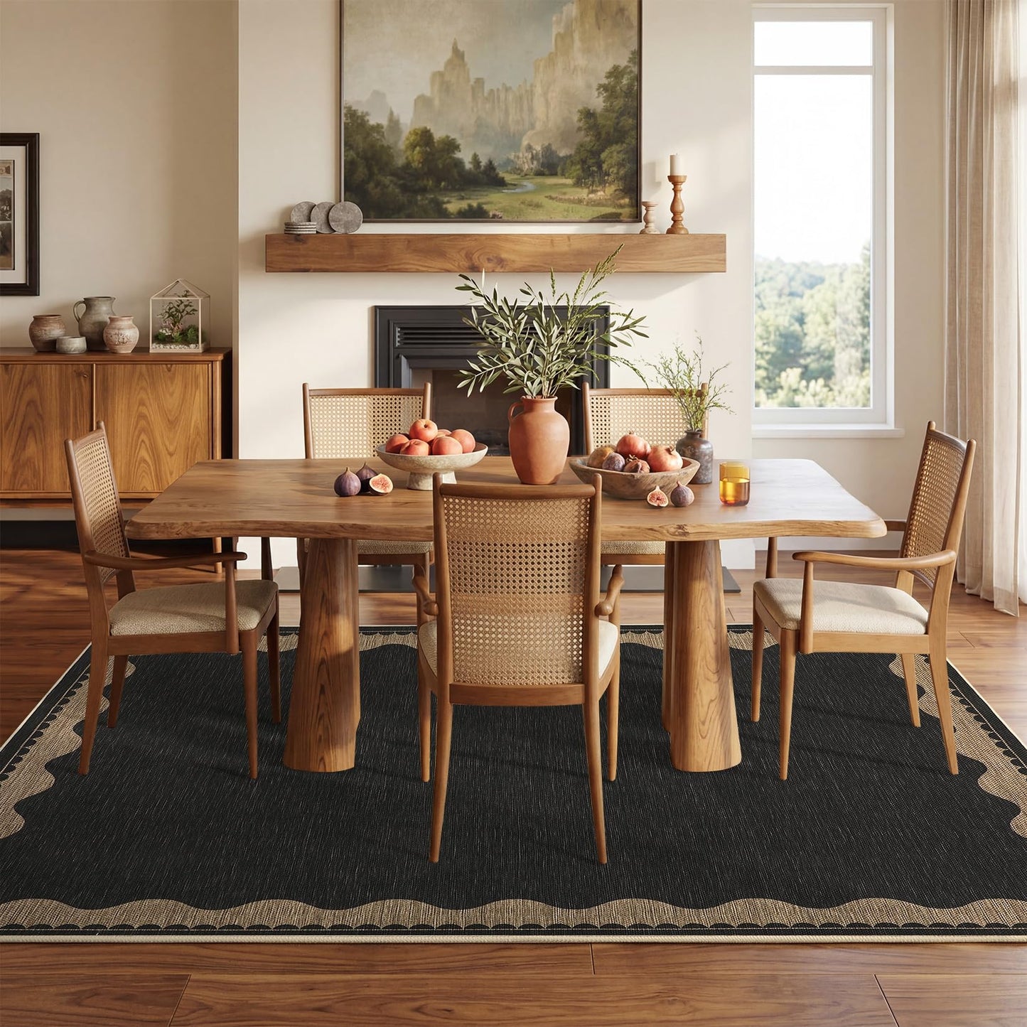 Garvee 8x10 Scalloped Easy Jute Area Rugs for Living Room, Modern Border Washable Outdoor Patio Rug with Non Slip Backing, Non Shedding Stain Resistant Mats for Bedroom, Dining Room, Porch, Black