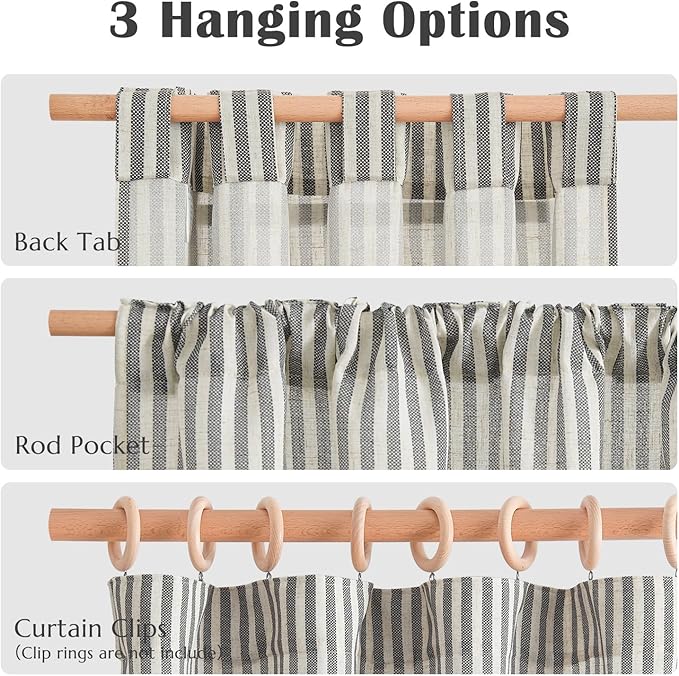 jinchan Striped Linen Kitchen Curtains 45 Inches Tier Curtains Farmhouse Modern Cafe Style Small Window Treatments Airy Light Filtering Rod Pocket for Living Room Bathroom 2 Panels Charcoal Grey