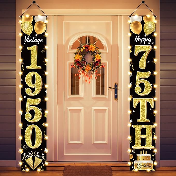 75th Birthday Party Banner Lighted Decorations for Men and Women - Black Gold Vintage 1950 75th Birthday Door Banners with LED Light, 75 Years Birthday Party Supplies for Indoor Outdoor Decor