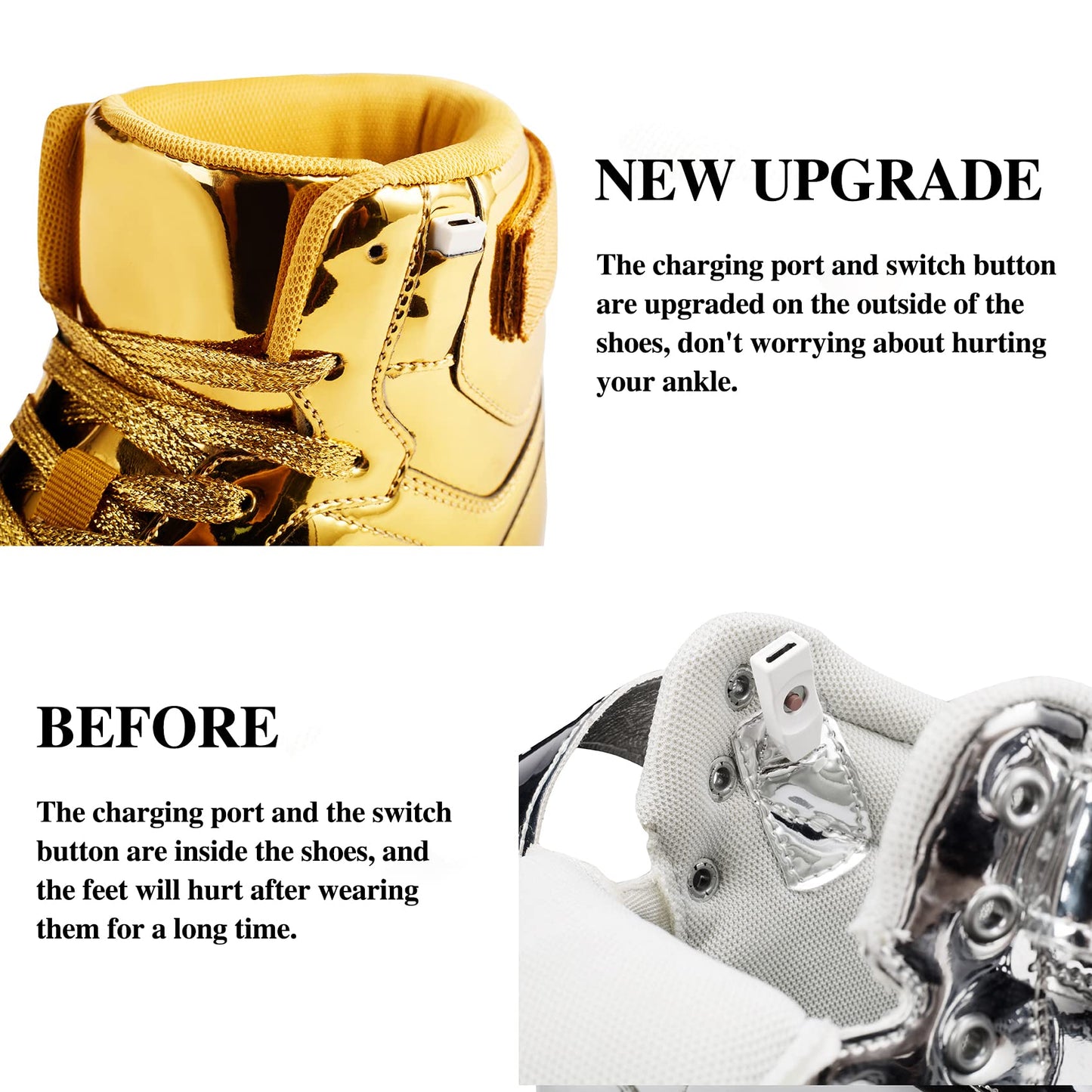 DIYJTS Kids LED Light Up Shoes, Fashion High Top LED Sneakers USB Rechargeable Glowing Luminous Shoes for Boys Girls Toddler Child Silver