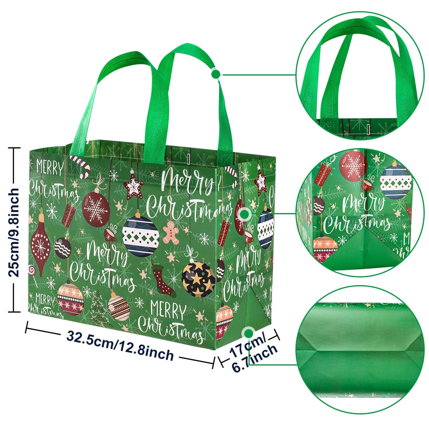Whaline 12 Pack Large Christmas Gift Bags Reusable Non-Woven Tote Bags with Handles Christmas Grocery Shopping Totes for Holiday Xmas Gifts Party Favors, 12.8" x 9.8" x 6.7"
