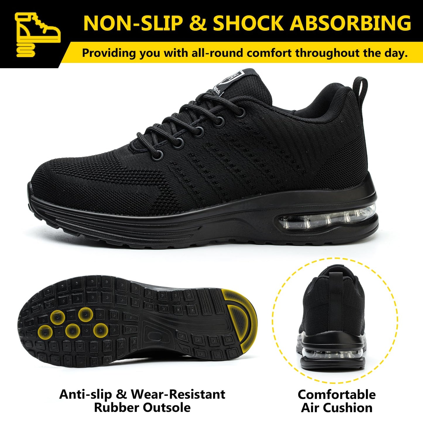 Baofular Safety Trainers Men Womens Steel Toe Trainers Lightweight Comfortable Safety Shoes Work Trainers Non Slip & Breathable Black 9 UK 43 EU 265