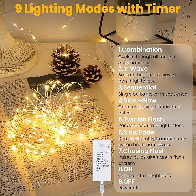 Mlambert LED Fairy Lights Battery Operated with Timer, Rechargeable Mini Twinkle Lights for Christmas Decor, Holiday Party, 32.8FT(16.4x2), Warm White