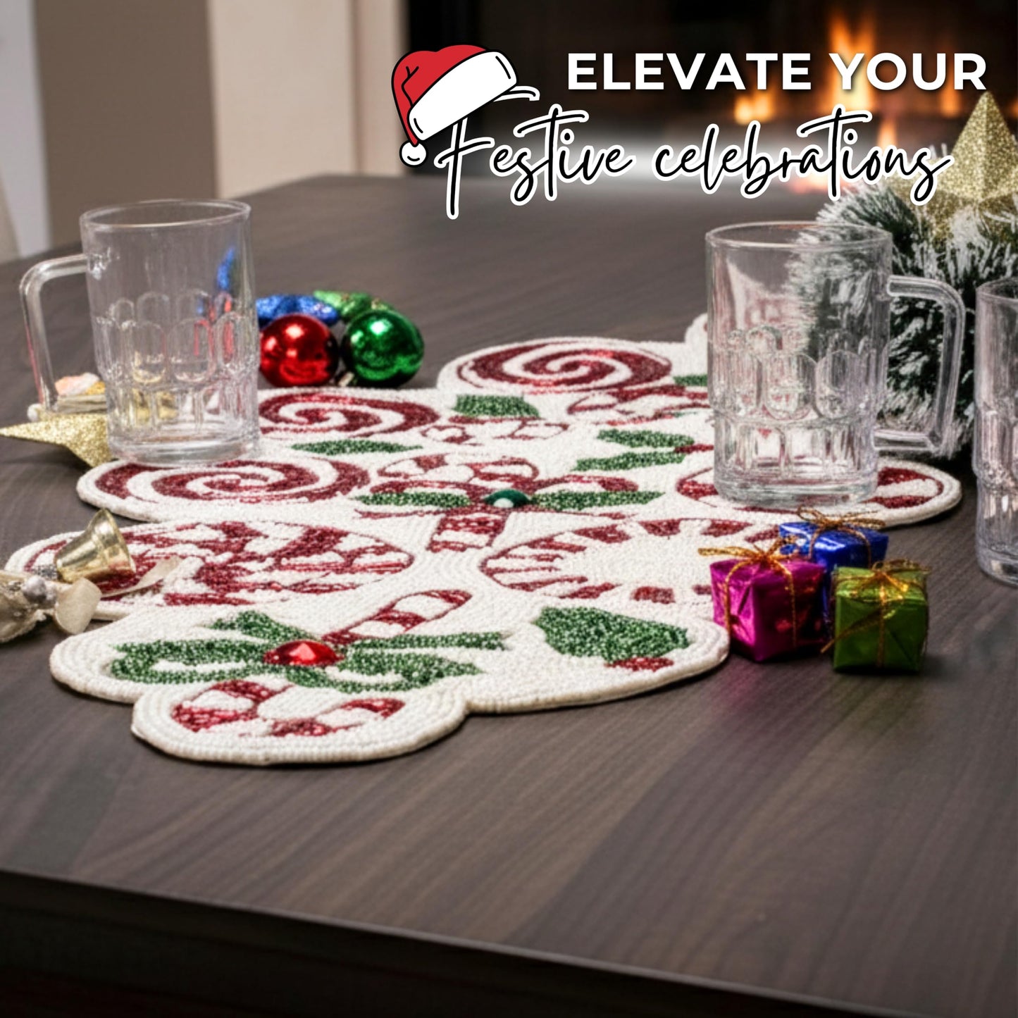Luxury Beaded Runner 36 inch- Premium 13x36 Inch Candy Beaded & Polyester Christmas Beaded Runner - Decor for Home, Dining Tables, Weddings & Holiday Celebrations (White Red Green) - ALPHA Living HOME