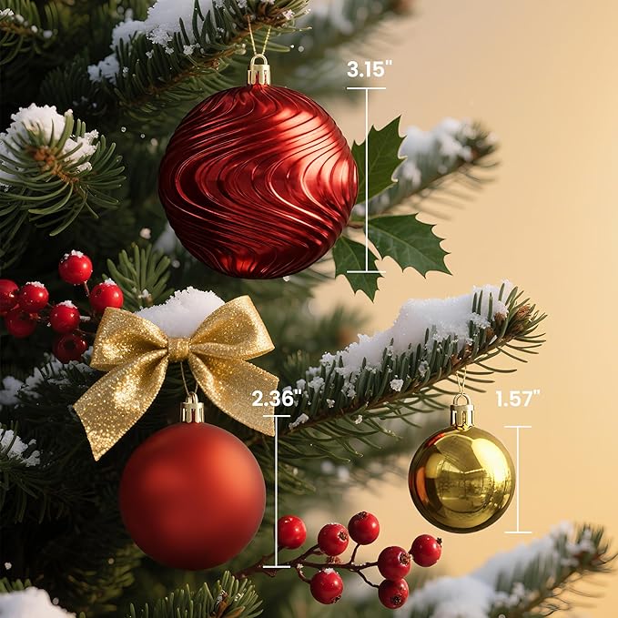 Annecy Christmas Tree Ornaments - 36 PCS Shatterproof Christmas Ball Ornaments Set for Holiday, Wreath & Party Decorations (Multi-Size, Red, Gold)