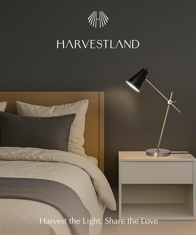 HarvestLand HaloBar Reading Lamp – Black and Brass Desk Lamp, for Home Office, Industrial Table lamp with Solid Base for Study and Reading, Bedside Table and Architect Desk Lamp