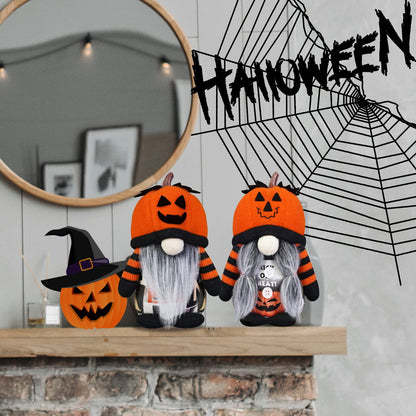 Halloween Gnome Decorations,2 Pack Handmade Pumpkin Face Hats Swedish Tomte Nordic Plush Elf Doll Nisse Adorable Fall Gnomes for Halloween Home and Office Decor
