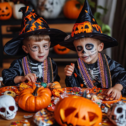 SHAOQINLIN 24 PCS Halloween Bead Necklace, Halloween Purple Black Orange Bead Necklaces, 33" Metallic Beaded Party Necklaces for Halloween Parade Throws Halloween Trick or Treat Decorations