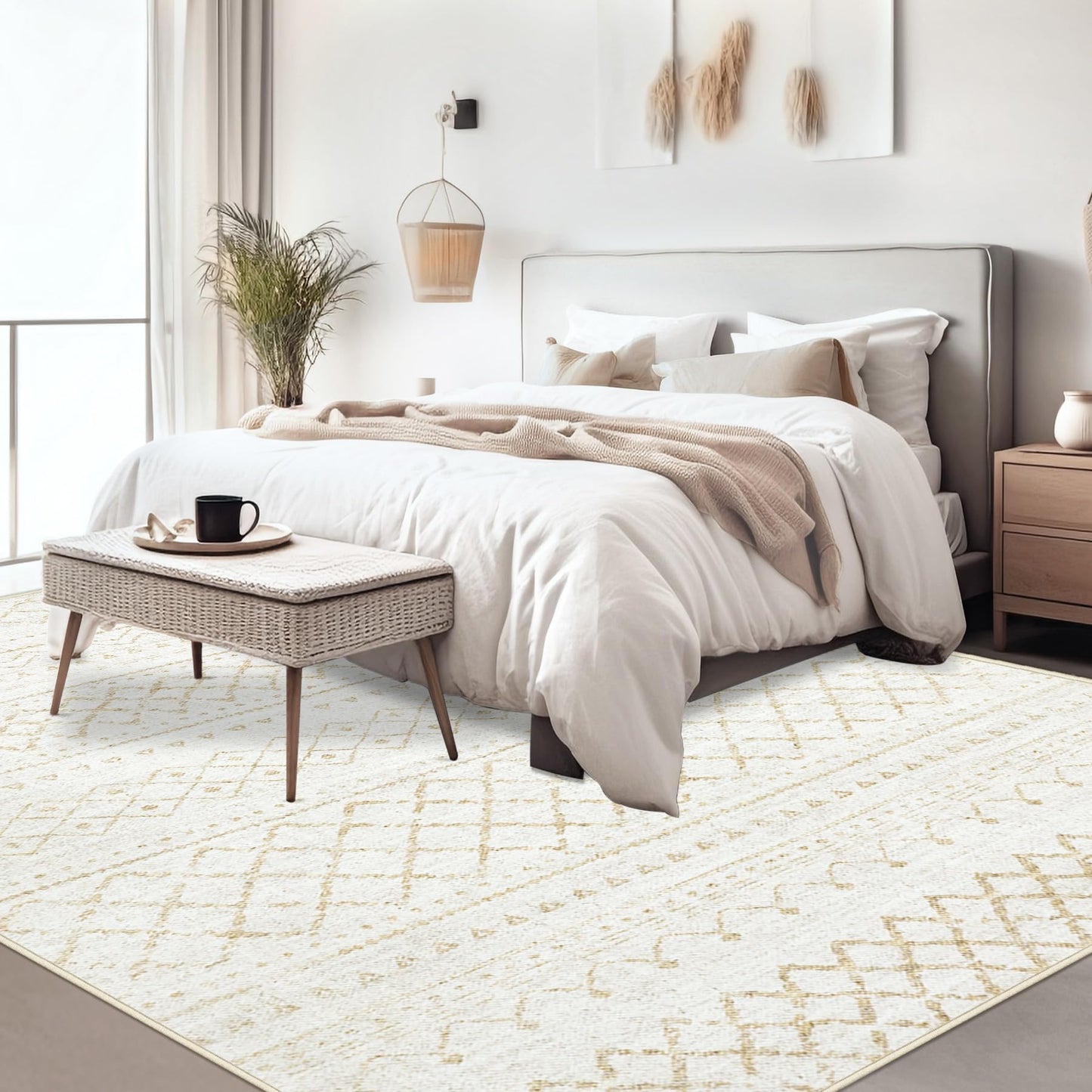 Area Rug Living Room Rugs 8x10 - Large Soft Boho Geometric Rug, Non-Slip Foldable Washable Rugs Non Shedding Morden Indoor Floor Carpet for Living Bedroom Office Dining Room (Beige,8' x 10')