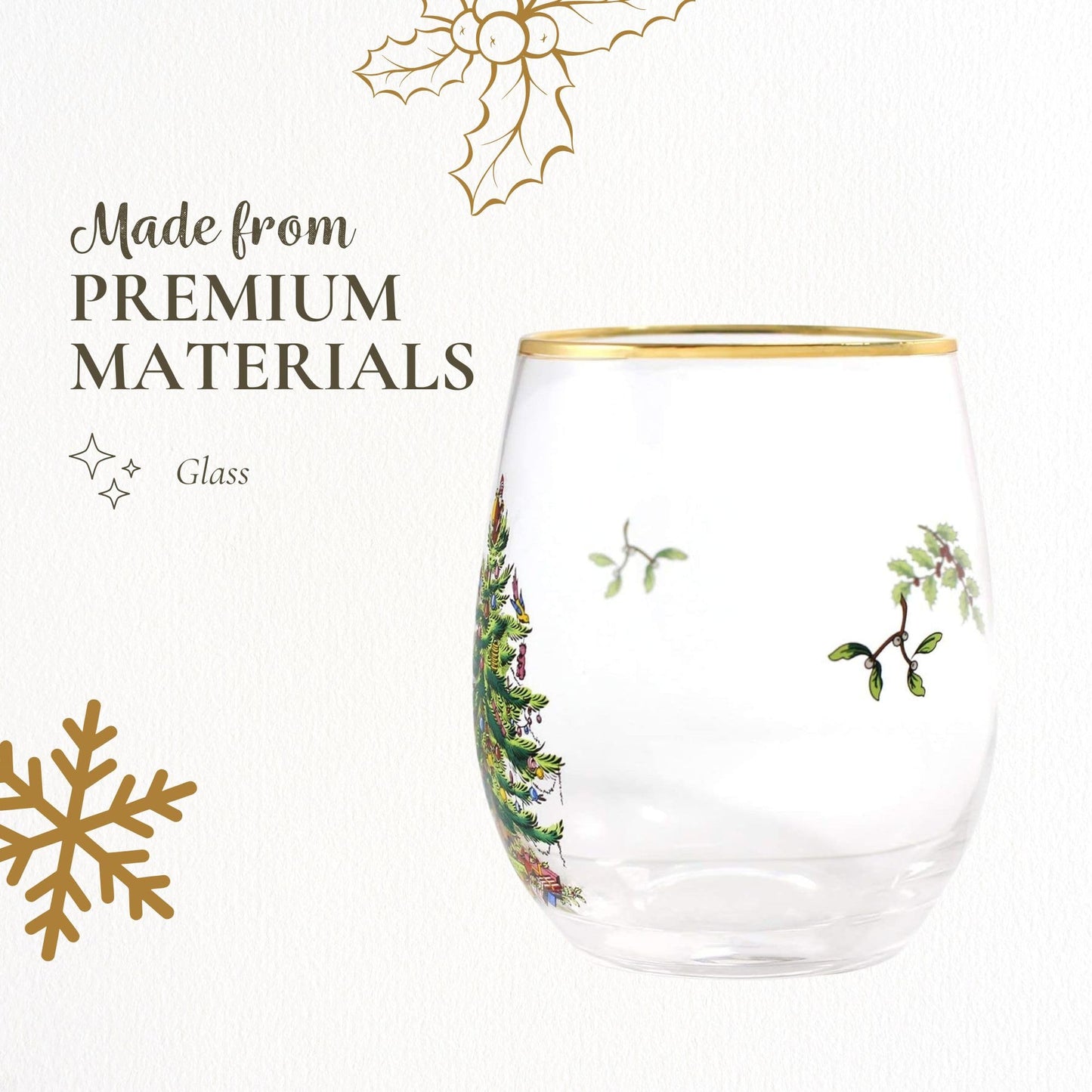 Spode Christmas Tree 19oz Stemless Wine Glasses, Set of 4 - Vintage-Inspired Holiday Drinkware with Cozy Seasonal Charm, Ideal for Mulled Wine at Festive Gatherings & Holiday Entertaining