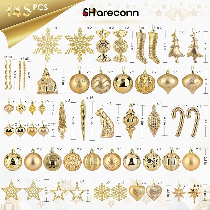 SHareconn 145pcs Christmas Balls Ornaments Set, Shatterproof Plastic Baubles Snowflakes, Stars and Tree Topper for Xmas Tree Holiday Wedding Party Decorations with Hanging Strings, Dark and Light Gold