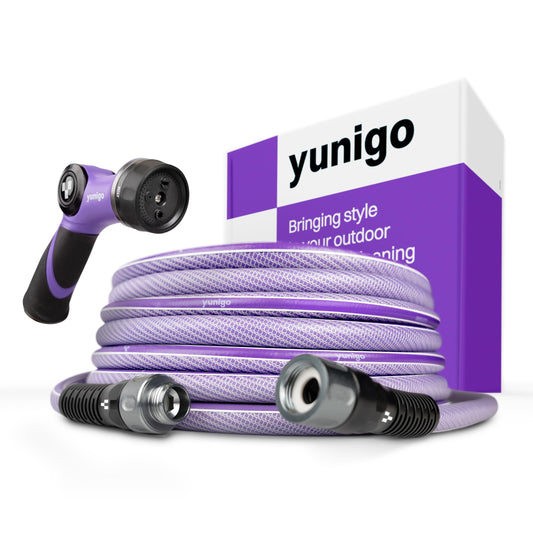 YUNIGO ESSENCE 5/8" 100ft Hybrid Purple Garden Hose – No-Kink Abrasion-Resistant with Durable Aluminum Fittings & Spray Nozzle, Ideal for Intensive Home & Garden Watering
