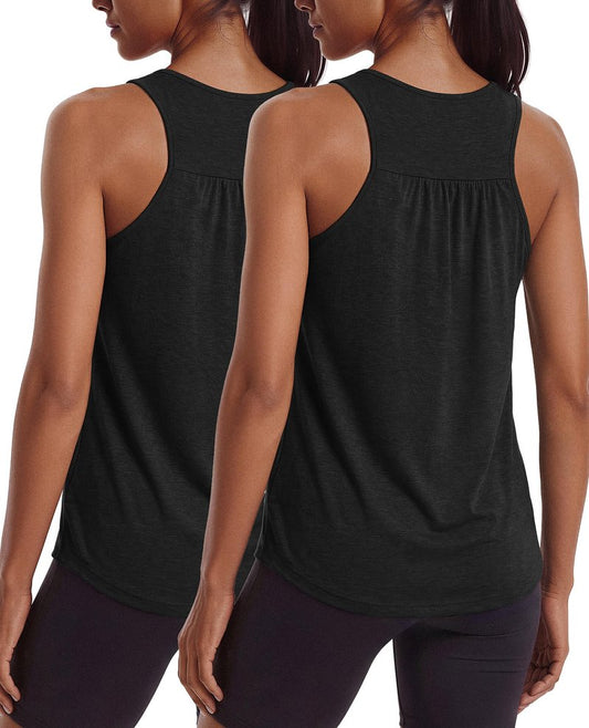 PINSPARK Sleeveless Workout Tops for Women Racerback Tank Top Lightweight Yoga Gym Shirts Scoop Neck Athletic Running Activewear 2 Pack,Black/Black L