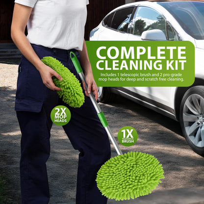 ZENO Car Cleaning Brush | Car Wash Brush | Microfibre Mop with Mittens | Car Washing Brush | Car Wash Kit for Cleaning Van Truck Caravan | Scratch Free 2 x Mop Heads | 1 x Extendable Pole 53-104cm