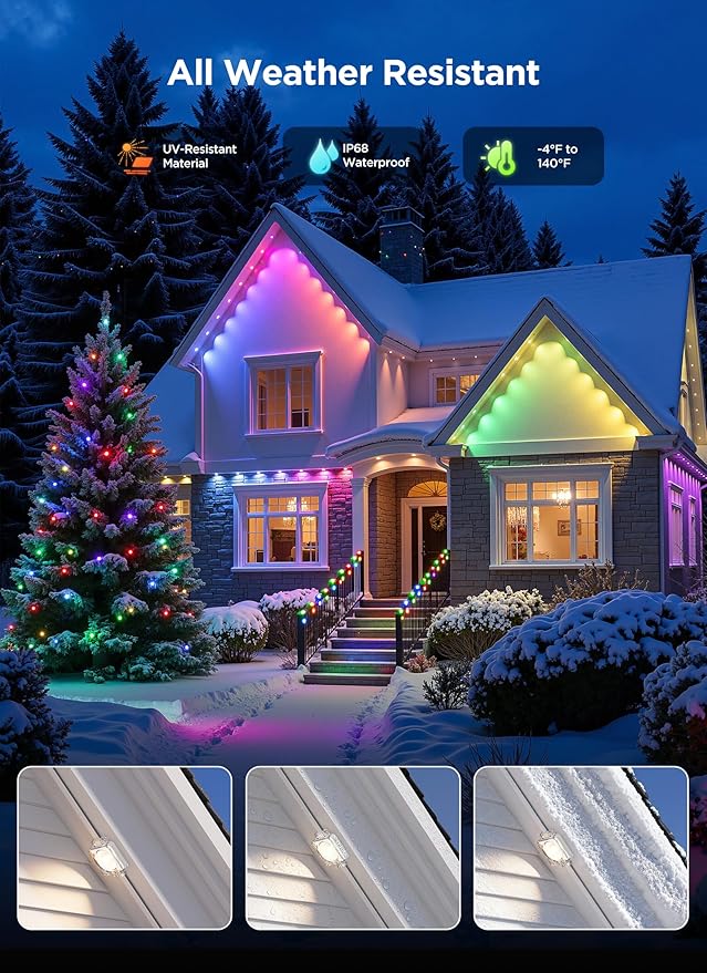 SmartDawn-Permanent-Outdoor-Lights, 100FT 64 Bulbs RGBIC LED Outdoor String Lights, DIY Scene Mode, IP68 Waterproof Christmas Lights for Daily Decor, House Roof, Holiday Decorations, Outside