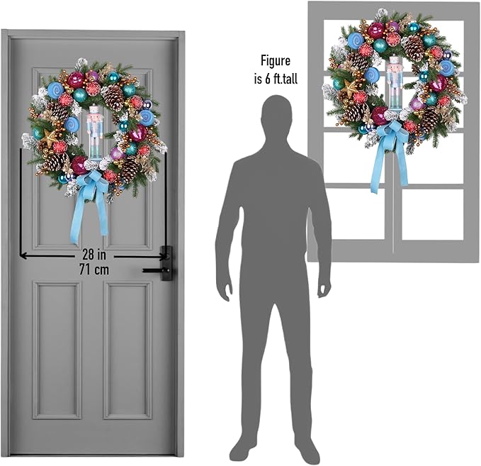 Pre-lit Christmas Wreath 28 Inch, Christmas Nutcracker Wreath Decoration for Home Front Door Porch Wall Winter Xmas Holiday Decor