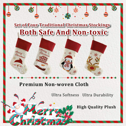 Bstaofy 18'' Rustic Christmas Stockings Set of 4 Felt Santa Reindeer Snowman Penguin Stockings Xmas Tree Ornaments Party Decor for Kids Family