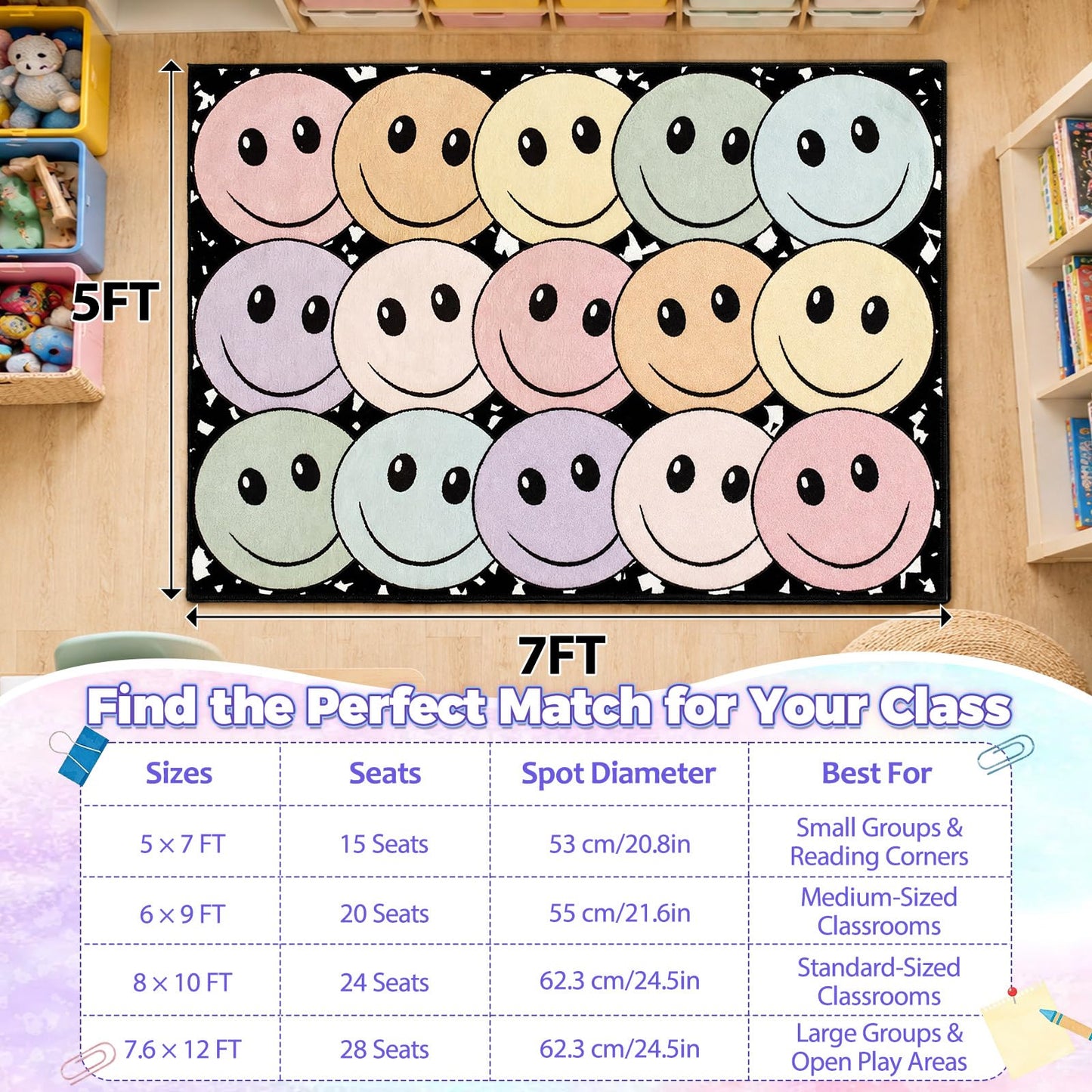 5' x 7' Composition Notebook Classroom Rug Pastel Smiley Face Seating Carpet for Kids, Washable Non-Slip Educational Area Rugs Large Soft Play Mat for Kindergarten Nursery Playroom Decor