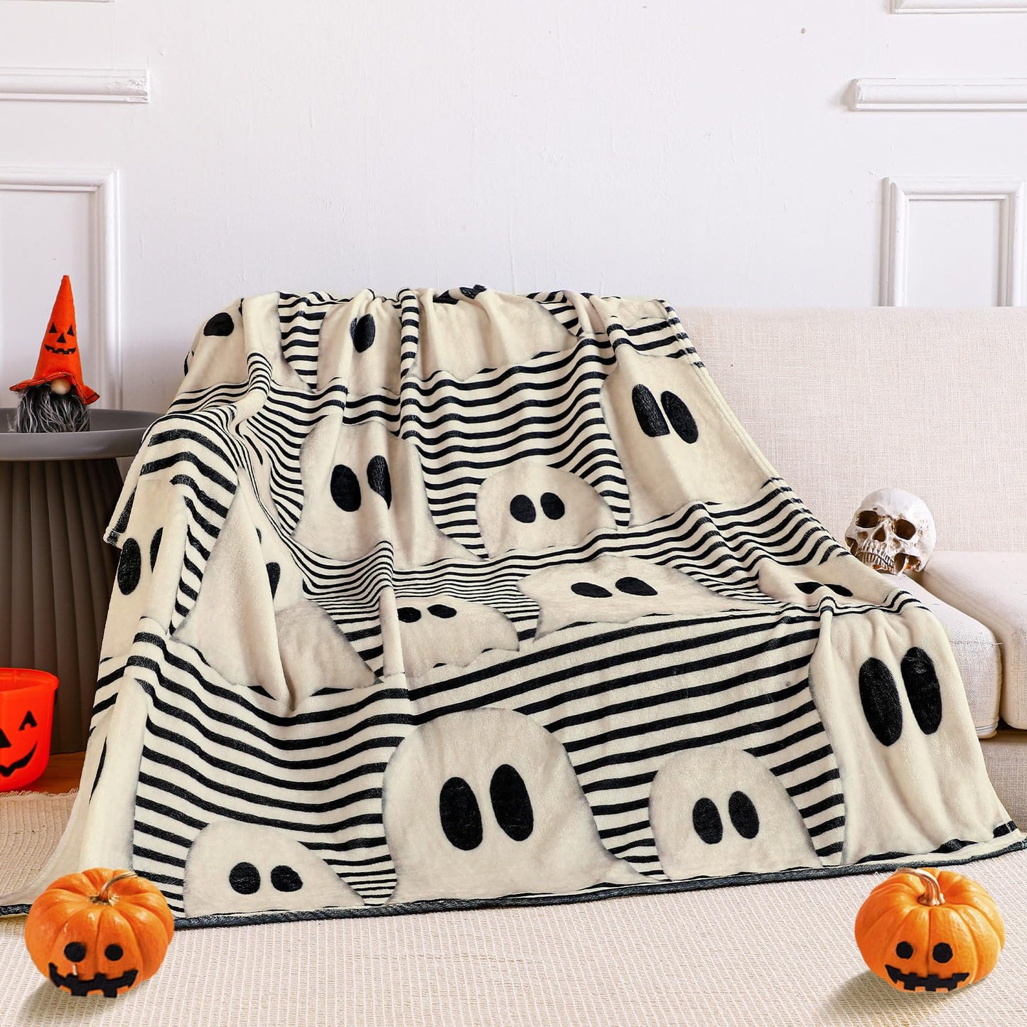 FuWeave Halloween Throw Blanket Cute Rustic Ghost Flannel Blanket Farmhouse Spooky Blanket Soft Black White Striped Blanket Retro Halloween Decoration for Sofa Bed Holiday Party Gifts,50 x60
