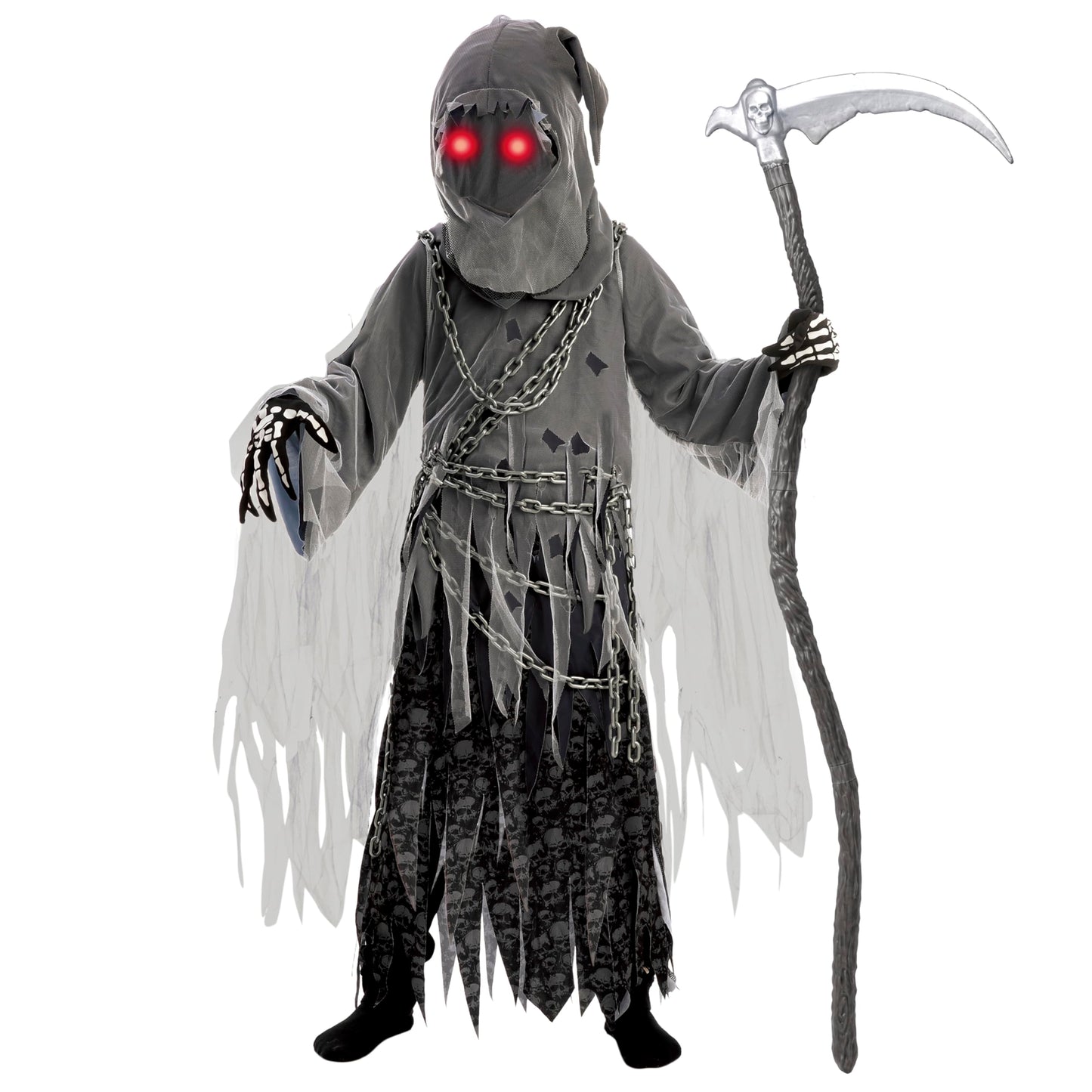 Spooktacular Creations Child Unisex Grim Reaper Costume, Halloween Costume with Glowing Red Eyes for Kids Trick-or-Treating-M(8-10yr)