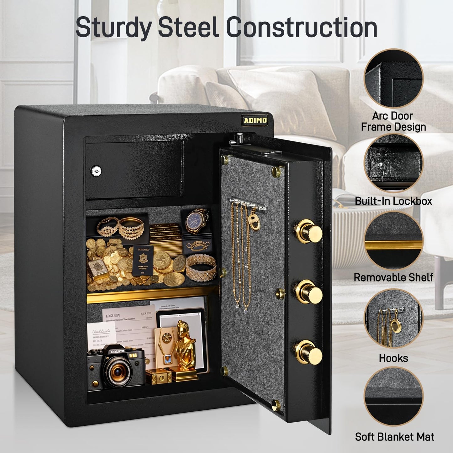 ADIMO Safe, 2.1 Cuft Heavy Duty Steel Home Safe Box with Digital Keypad&Key Lock, Built-In Lockable Cabinet, Hidden Money Box Storage for Document Jewelry w/Fireproof Waterproof Bag Home Office