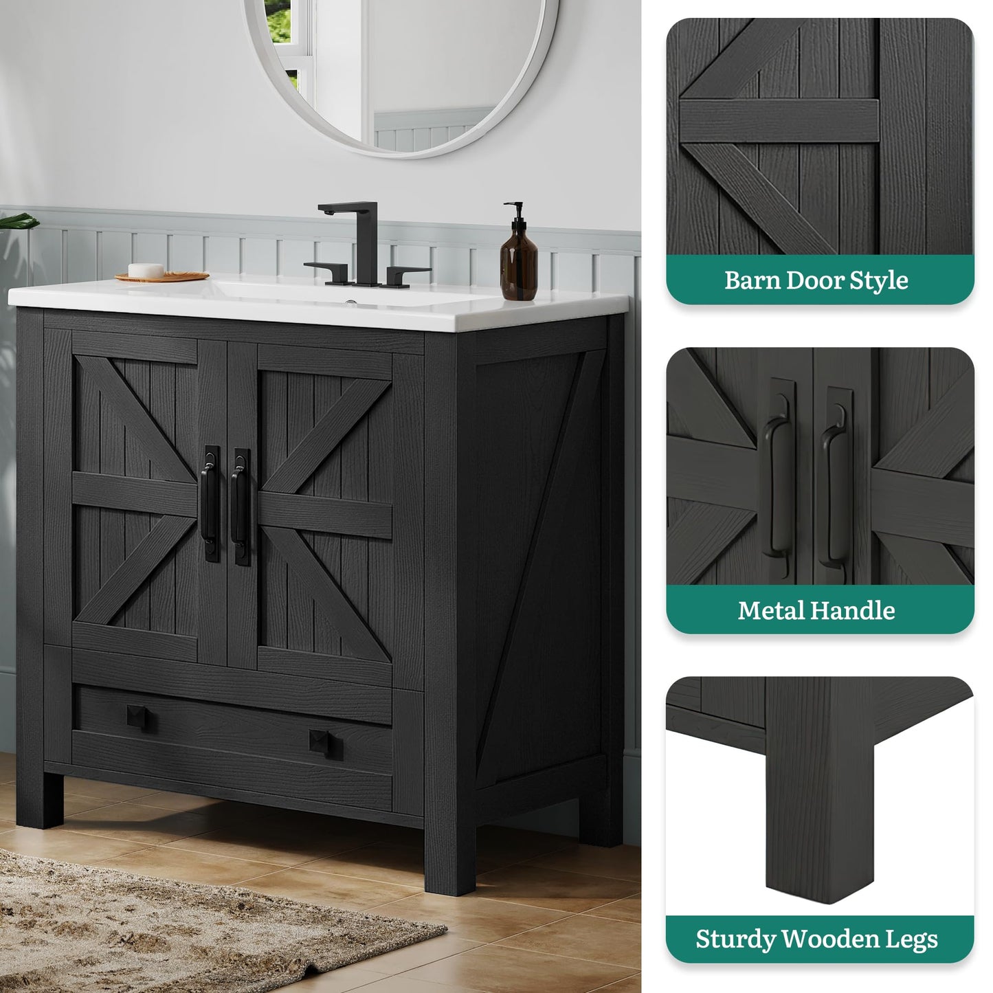 YITAHOME 30 Inch Farmhouse Bathroom Vanity with Sink, Small Space Bathroom Storage Cabinet with Large Drawer, 2 Wood Barn Doors with Built-in Door Racks