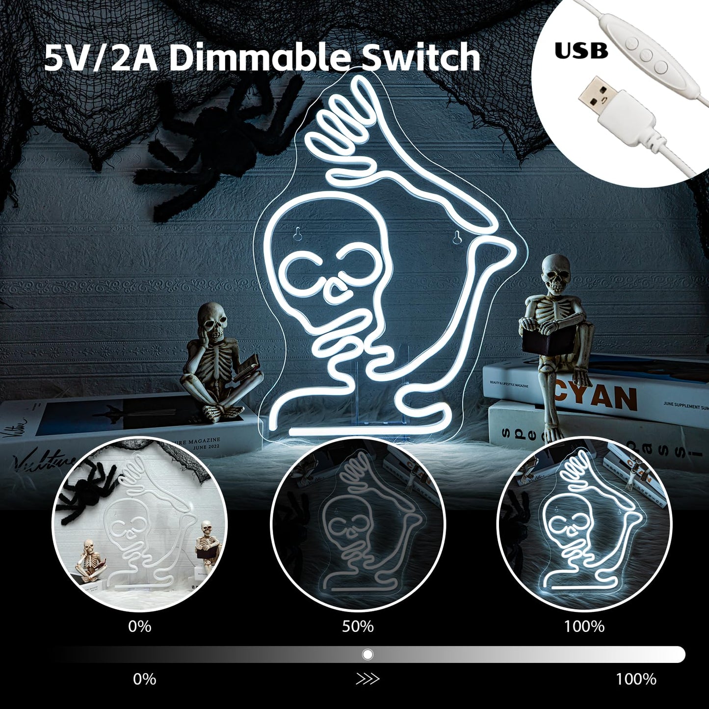 Looklight Skull Neon Sign Halloween Neon Signs for Wall Decor Skeleton Led Lights for Bedroom Front Door Man Cave Bar Game Room Party Decoration Gifts USB Powered 11.4x15.9in