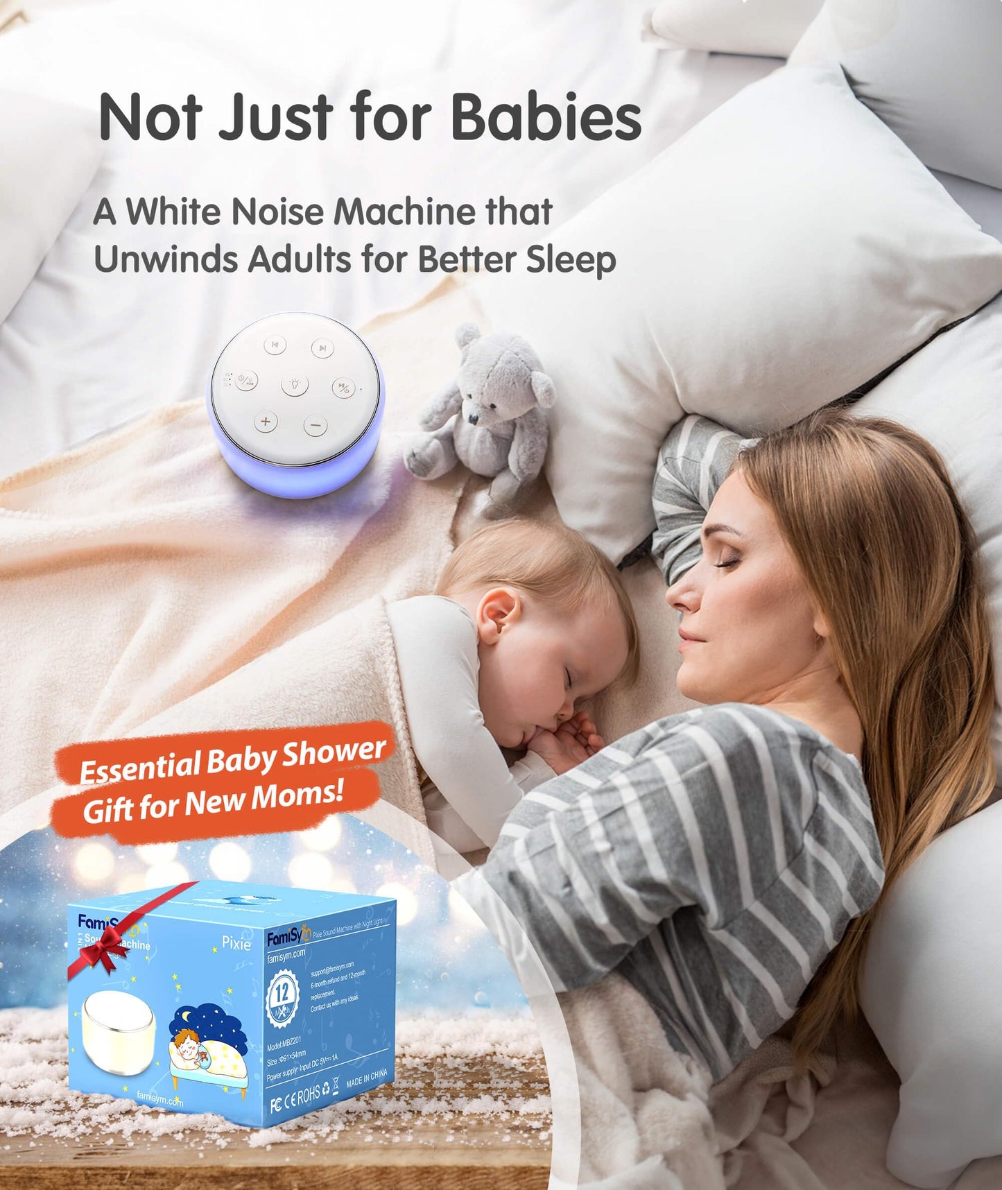 FamiSym White Noise Sound Machine Baby for Sleeping with Night Light – 34 Soothing Sounds, Rechargeable White Noise Machine for Kids Adults Sleep, Portable Lullaby Machine Baby Soother
