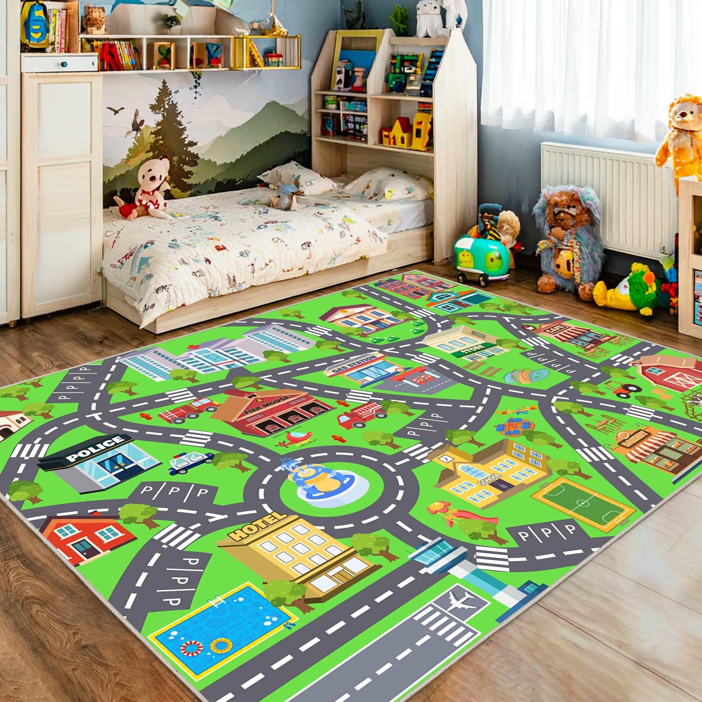 OHDS Kids Rugs for Playroom - Soft & Non-Slip 8x10 Feet Town City Map Road Rug Cars Play Mat, Childrens Road Catpet Washable Rug for Classroom Nursery Bedroom Boys