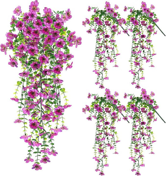 Artificial Fake Hanging Flowers Plants for Outdoor Spring Summer Decoration, 4pcs Faux Silk Realistic UV Sun Resistant Daisy for Outside Porch Patio Window Box Yard Home Decor (Purple)