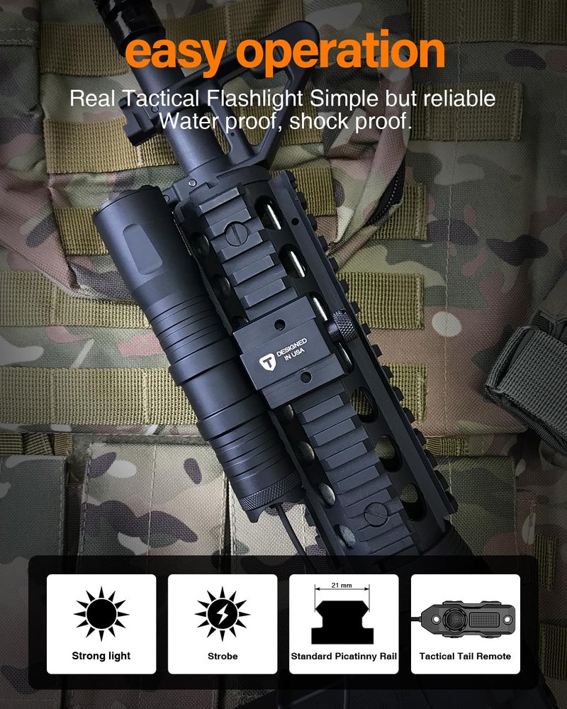 TOUGHSOUL Mlok Picatinny Tactical Flashlight 1250 Lumens, Rechargeable Flashlight with Remote Pressure Switch LED Light with Rechargeable Batteries and Charger Included (Picatinny Mounted)