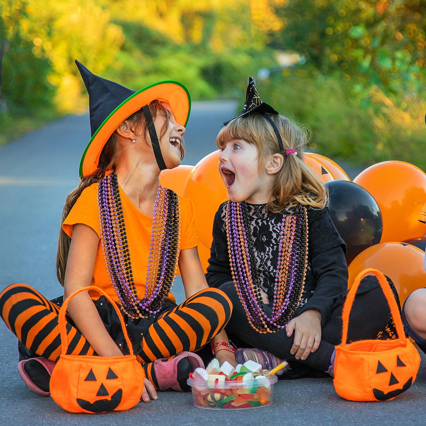 SHAOQINLIN 102PCS Halloween Bead Necklace, Purple Black Orange Bead Necklaces, 33" Metallic Beaded Party Necklaces for Halloween Parade Throws Halloween Trick or Treat Decorations