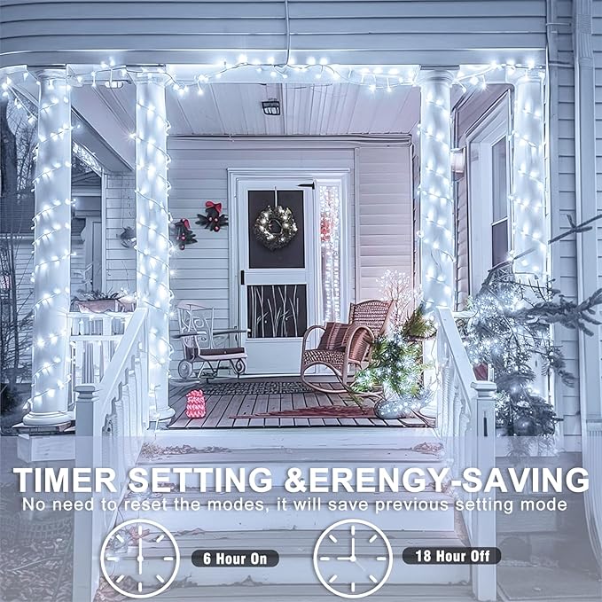 600 LED White Christmas Lights Outdoor 197ft 8 Modes White Christmas String Lights Clear Wire, Plug in Twinkle Fairy Lights for Bedroom Wedding Christmas Tree Decorations