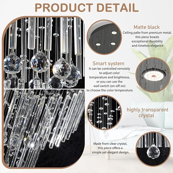 Flashing God D59''X H120'' Extra Large Chandelier for High Ceilings Crystal Raindrop Chandeliers Large Chandelier for Villa Entrance Foyer LED Dimmable Black Large Light Fixture