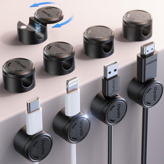 9 Pack Cord Organizer, Chfeila [360°Rotating Twist-Lock] Magnetic Cable Management Clips, Adhesive Phone Charging Keeper Wire Cord Holder for Nightstand/Car/Wall, Office Desk Accessories Decor (Black)