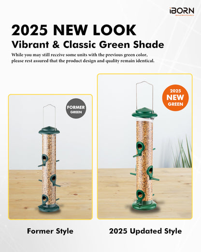 iBorn Metal Bird Feeders 6 Ports Hanging Wild Bird Seed Feeder for Mix Seed Blends, Niger Seed Feeder, Sunflower Heart, Birdbath, Heavy Duty All Metal Green Finishing 14 Inch 6Port